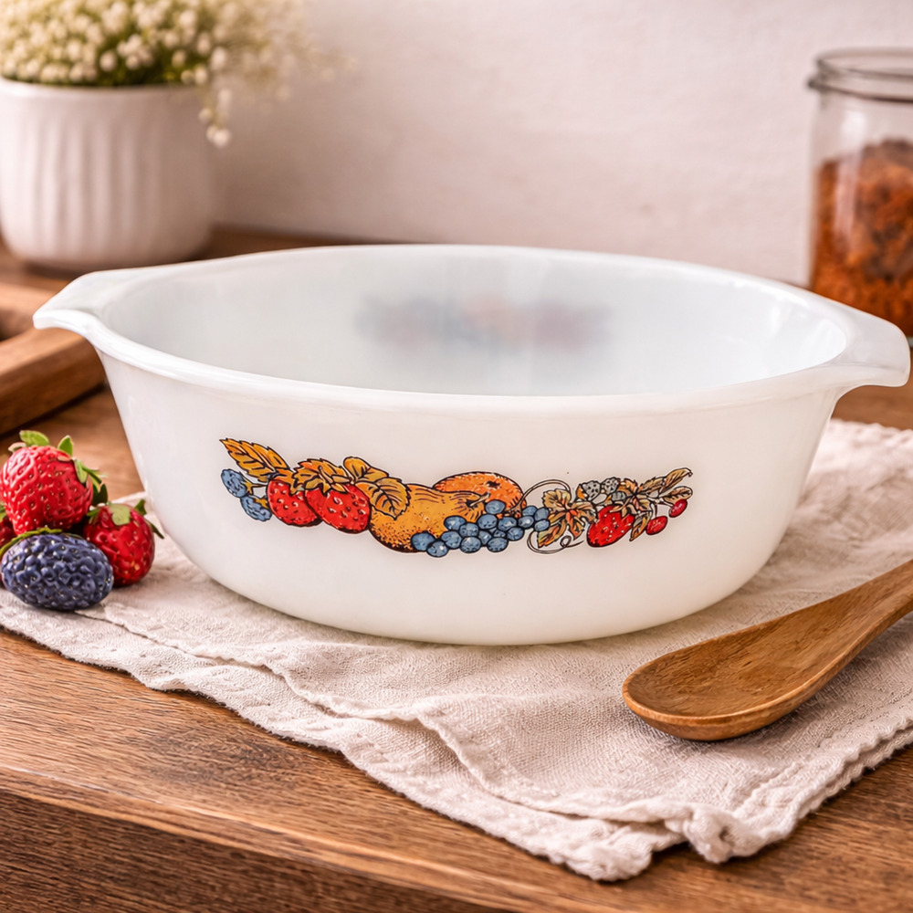 Vintage Fire King Nature’s Bounty Milk Glass Casserole Dish 1.5 Qt #437